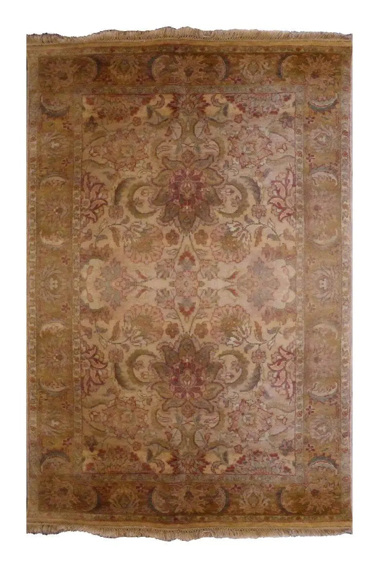 Indian Traditional Hand-Knotted Rug Made With Natural Wool & Cotton 6'2" X 4'0" (Pan2732) (Gold, Ivory)